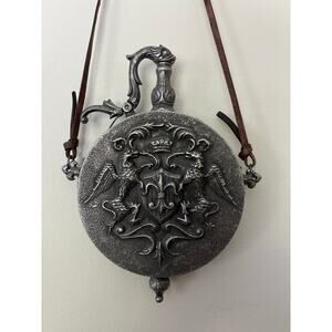 Vintage German Pewter Gunpowder Flask Medieval Heraldic Eagle